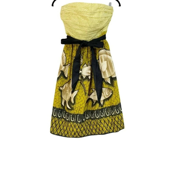 Anthropologie Vanessa Virginia Baxter Bay Fish Dress Size 0 Yellow Cotton NWT - Picture 2 of 8